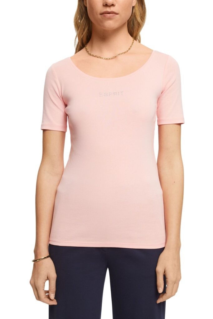 Esprit Jersey T-shirt met logo-strasapplicatie rose