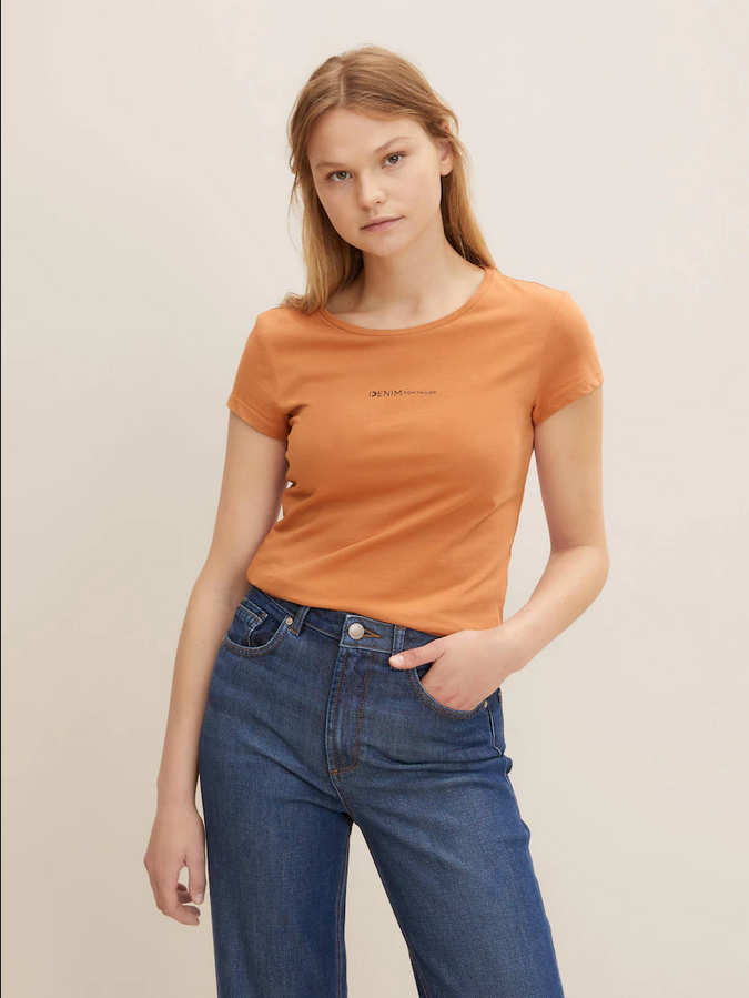 Tom Tailor Slim Fit T-Shirt met Logo Print rusty amber