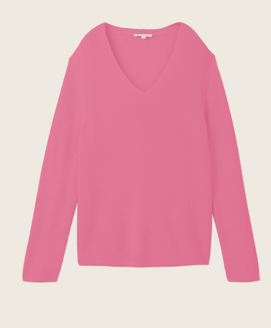 Tom Tailor knit v-neck rib pullover Carmine pink