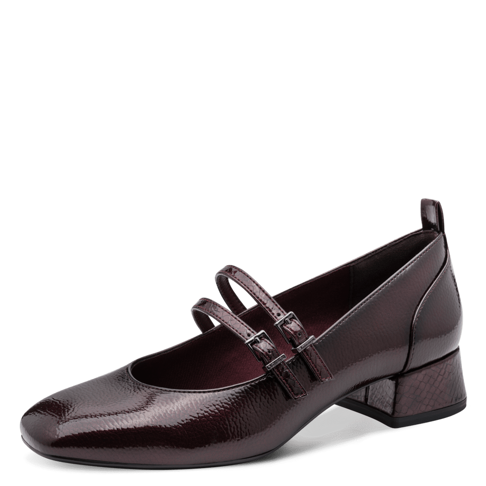 Tamaris bordeauxrode pump laklook en een blokhak merlot comb
