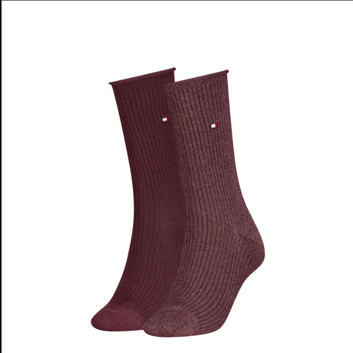 Tommy Hilfiger WOMEN SOCK 2P LUREX ROLL TOP deep rouge